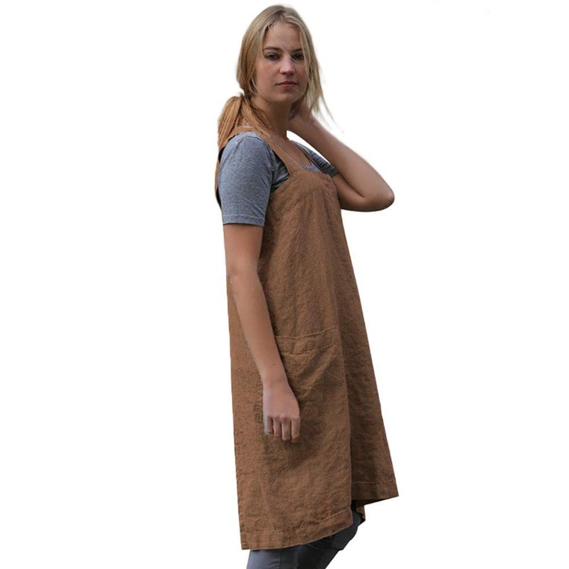 Larmliss Womenâ€™s Pinafore Square Apron Baking Cooking Gardening Works Cross Back Cotton/Linen Blend Dress with 2 Pockets - Image 4